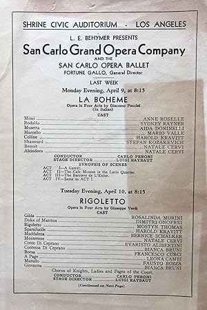 San Carlo Grand Opera Season Program, C. 1930s, Shrine Civic Auditorium, Los Angeles, CA