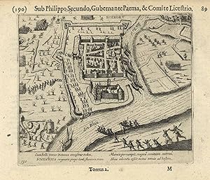 Bild des Verkufers fr Gesamtansicht aus der Vogelschau mit der Einnahme von Ruhrort durch Schenks Truppen im Januar 1587 ('Roerort - Sub Philippo Secundo, Gubernante Parma, & Comite Licestrio.- 89'). zum Verkauf von Antiquariat Norbert Haas