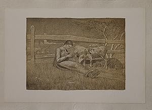 "G. SEGANTINI : Bergère et ses moutons" Lithographie originale entoilée de G. SEGANTINI publiée e...