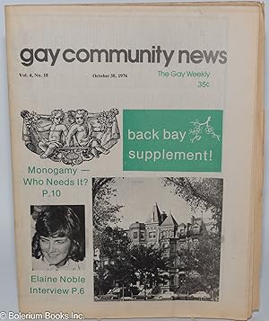 Immagine del venditore per GCN - Gay Community News: the gay weekly; vol. 4, #18, Oct. 30, 1976: Monogamy - who needs it venduto da Bolerium Books Inc.