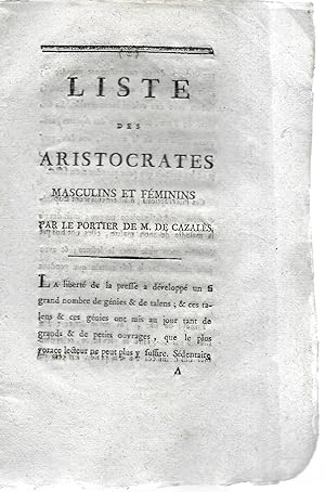 Liste des aristocrates masculins et féminins par le portier de M. de Cazalès