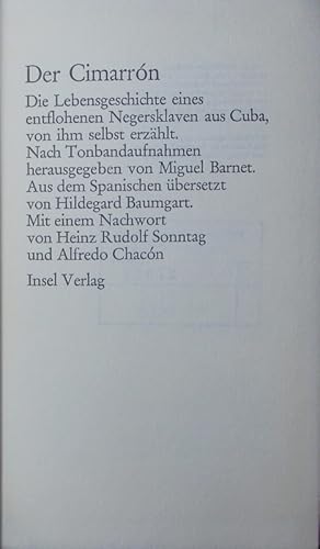 Seller image for Der Cimarrn. Die Lebensgeschichte eines entflohenen Negersklaven aus Cuba, von ihm selbst erzhlt. for sale by Antiquariat Bookfarm