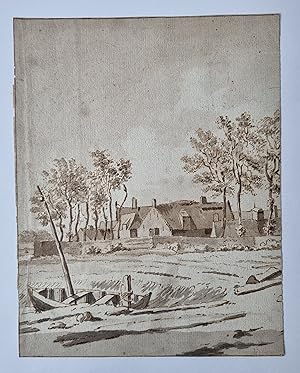 [Antique drawing, pen, ink, and wash] Dutch landscape with farm houses, 18th century.