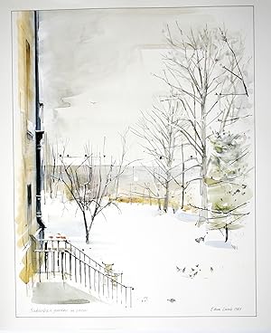 Suburban Garden in Snow Watercolour Reproduction.