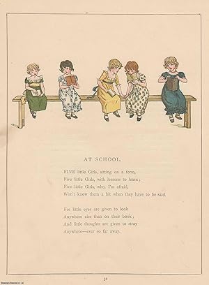 Seller image for Marigold Garden. At School, with rhyme. An original Kate Greenaway colour print, c.1885 from the work Marigold Garden, printed in colours by the expert printer Edmund Evans. for sale by Cosmo Books