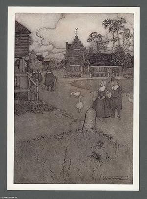 Bild des Verkufers fr Arthur Rackham: A village scene. An original colour print, c.1905 from the work Rip Van Winkle. zum Verkauf von Cosmo Books