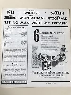 Image du vendeur pour Let No Man Write My Epitaph Pressbook 1960 Burl Ives, Shelley Winters mis en vente par AcornBooksNH