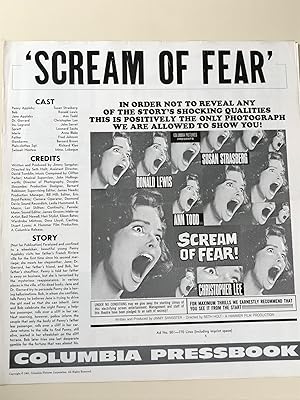 Bild des Verkufers fr Scream of Fear Pressbook 1961 Susan Strasberg, Ronald Lewis, Ann Todd, Christopher Lee zum Verkauf von AcornBooksNH