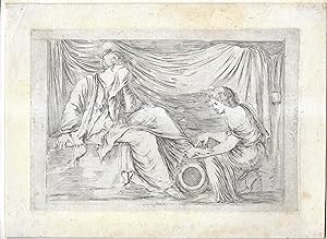 Femme assise à qui un jeune homme essuie le pied.