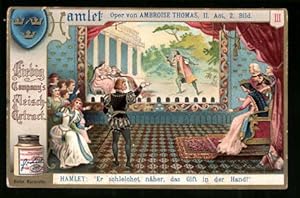 Imagen del vendedor de Sammelbild Liebig, Hamlet, Oper von Ambroise Thomas, Er schleicht nher, das Gift in der Hand a la venta por Bartko-Reher