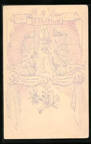 Bild des Verkufers fr Knstler-Ansichtskarte Heiliger Sebastian, mit Harlekin und Maske zum Verkauf von Bartko-Reher