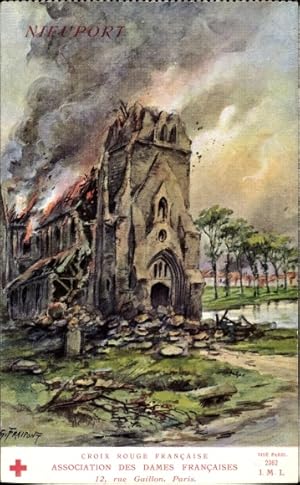 Künstler Ansichtskarte / Postkarte Fraipont, G., Nieuwpoort Westflandern, Kirche, Kriegszerstörun...