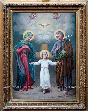 "Jesus als Knabe mit Maria und Josef". Unsigniertes Ölbild auf Leinwand mit Rahmen.