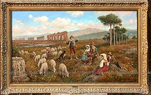 "Italian Shepherds". Signed oil painting on canvas with frame.