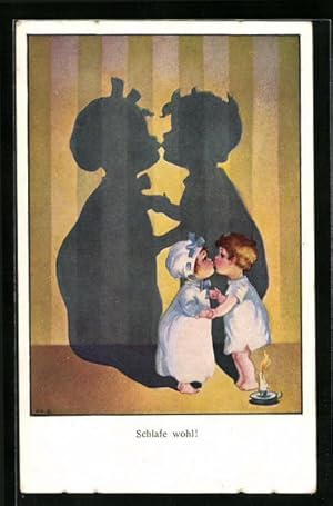 Bild des Verkufers fr Ansichtskarte Kinder geben sich Gute-Nacht-Kuss zum Verkauf von Bartko-Reher