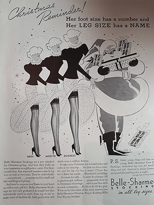 Imagen del vendedor de Advertisement for Belle-Sharmeer Stockings "Christmas Reminder! Her Foot Size Has a Number and Her LEG SIZE Has a NAME" a la venta por Hammonds Antiques & Books