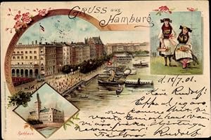 Bild des Verkufers fr Litho Hamburg Mitte Altstadt, Alter Jungfernstieg, Rathaus, Mdchen in Vierlnder Tracht zum Verkauf von akpool GmbH