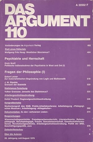 Seller image for Das ARGUMENT 110 - Psychiatrie und Herrschaft / Fragen zur Philosophie (I) Zeitschrift für Philosophie und Sozialwissenschaften 20. Jahrgang Juli/August 1978 for sale by Versandantiquariat Nussbaum