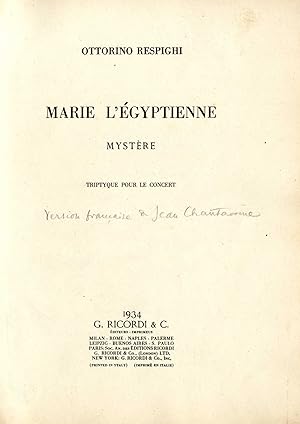 MARIE L'ÉGYPTIENNE (Maria Egiziaca). Mystère. Triptyque pour le Concert. Version française de Jea...