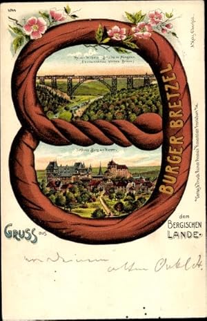 Bretzel Litho Burg an der Wupper Solingen, Kaiser Wilhelm Brücke, Schloss Burg an der Wupper