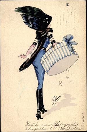 Künstler Ansichtskarte / Postkarte Frau mit Schachtel, Schleife, Hut, Blaue Kleidung