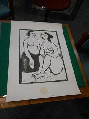 Weiblicher Doppelakt. Original- Holzschnitt auf chamois Papier, aus einer Sammelmappe. Künstler: ...