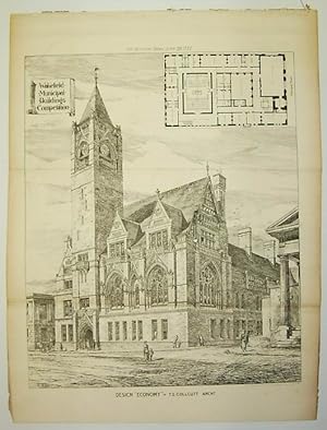 WAKEFIELD MUNICIPAL BUILDINGS COMPETITION,ARCHITECT,T.E. COLLCUTT,1877 Antique Architectural Print