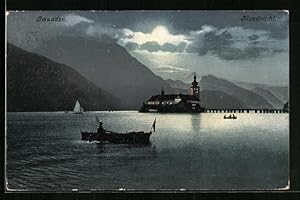 Bild des Verkufers fr Ansichtskarte Gmunden, Mondnacht auf dem See zum Verkauf von Bartko-Reher