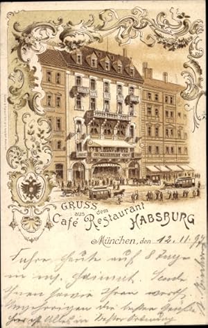 Litho München Bayern, Cafe Restaurant Habsburg, Pferdestraßenbahnen