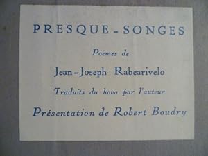 Seller image for Presque-Songes Pomes de Jean-Joseph RABEARIVELO. Traduits du hova par l'auteur. Prsentation de Robert Boudry. for sale by Librairie L'Abac / Gimmic SRL