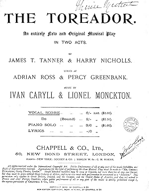 THE TOREADOR. An entirely and new and original Musical Play, in two acts, by J.T.Tannet & Harry N...