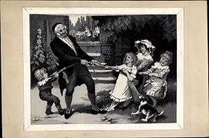 Seiden Ansichtskarte / Postkarte Alter Mann spielt mit Kindern, Tauziehen, Hund