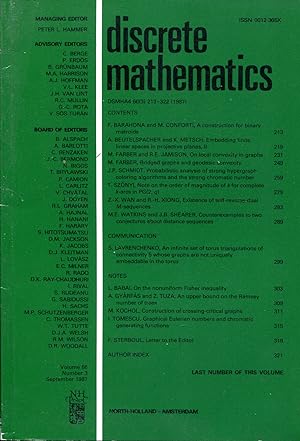 Imagen del vendedor de Discrete mathematics Volume 66, Number 3, September 1987 a la venta por Sylvain Par