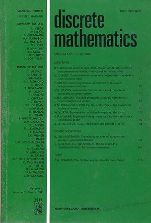 Image du vendeur pour Discrete mathematics Volume 61, Number 1, August 1986 mis en vente par Sylvain Par