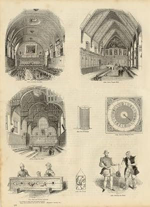 Immagine del venditore per LINCOLN'S INN HALL, INNER TEMPLE HALL, GRAY'S INN HALL, WHIRLIGIG CLOCK AT HAMPTON COURT ,MAN AND WOMAN IN STOCKS ,THE BRANK GENINGS AND BLUNT,1845 MULTIPLE VIGNETTE PRINTS, HISTORICAL ARCHITECTURAL AND PORTRAIT ENGRAVINGS venduto da Artisans-lane Maps & Prints
