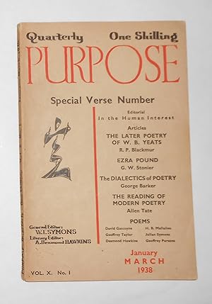 Bild des Verkufers fr Purpose - A Quarterly Magazine (Vol Volume X No. 1 - January - March 1938) zum Verkauf von David Bunnett Books