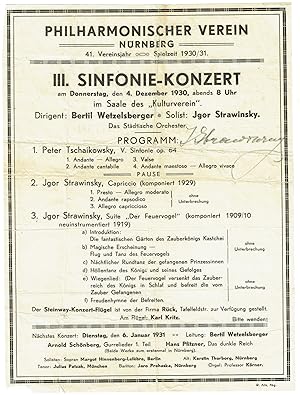Bild des Verkufers fr Eigenh. Unterschrift auf Konzertprogramm. zum Verkauf von Kotte Autographs GmbH