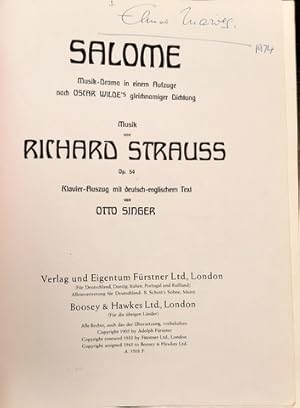 Salome. Musikdrama in einem Aufzuge nach Oscar Wilde`s gleichnamiger Dichtung. Op. 54. Klavier-Au...