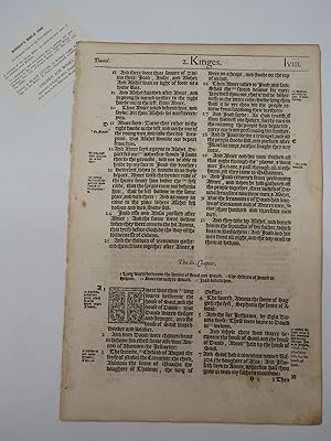 BISHOP'S BIBLE LEAF - KINGES - FROM THE ORIGINAL FOLIO OF THE FIRST EDITION 1568
