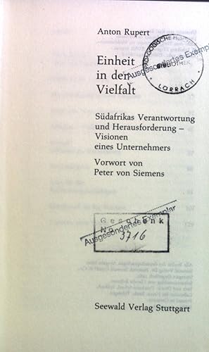 Image du vendeur pour Einheit in der Vielfalt : Sdafrikas Verantwortung u. Herausforderung - Visionen e. Unternehmers. mis en vente par books4less (Versandantiquariat Petra Gros GmbH & Co. KG)