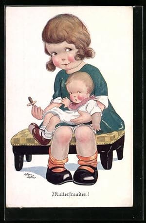 Bild des Verkufers fr Knstler-Ansichtskarte Arthur Butcher: Mutterfreuden - Mutter mit Baby zum Verkauf von Bartko-Reher