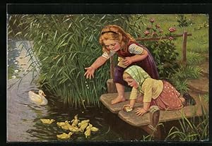 Künstler-Ansichtskarte Degi Nr. 1158: Jugend vom Lande, Mädchen füttern Enten, Ölgemälde-Imitatio...
