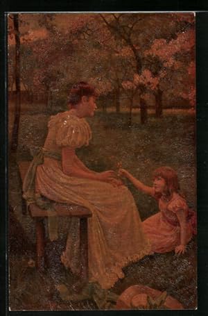Künstler-Ansichtskarte Degi Nr. 714: Frühling, Mädchen pflückt eine Blume auf der Wiese, Ölgemäld...