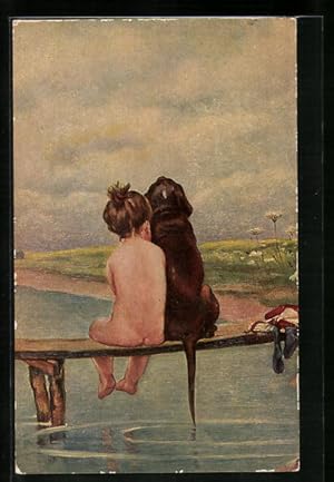 Bild des Verkufers fr Knstler-Ansichtskarte Degi Nr. 931: Kind und Hund sitzen zusammen am Wasser, Freunde, lgemlde-Imitations-AK zum Verkauf von Bartko-Reher