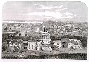 BIRDSEYE VIEW OF THE CITY OF WASHINGTON WITH THE CAPITOL IN THE FOREGROUND. Double-page woodeng...