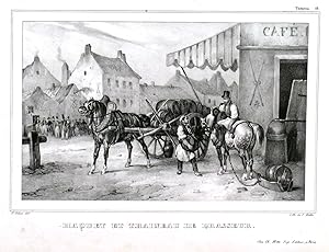 HAQUET ET TRAINEAU DE BRASSEUR. A scene outside a cafe showing the Dray and Sleigh Brewer.