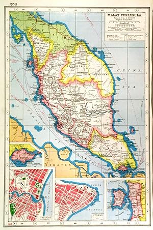 MALAY PENINSULA. Malay Peninsula with four inset maps/plans of Singapore and Penang.