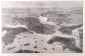 BIRDS-EYE VIEW OF BOSTON: A detailed view of Boston/United States, harbour and town. All the m...