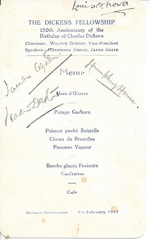 Bild des Verkufers fr [A Dickens Fellowship dinner in wartime London.] Autograph Signatures of James Agate, Walter Dexter, Humphrey House and Lewis B. Frewer to menu for dinner celebrating the '130th Anniversary of the Birthday of Charles Dickens'. zum Verkauf von Richard M. Ford Ltd