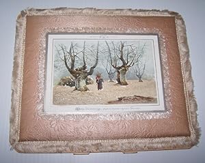 Large VICTORIAN CHRISTMAS GREETING CARD - Three Embellished Chromolithograph Scenes with Silk Fri...